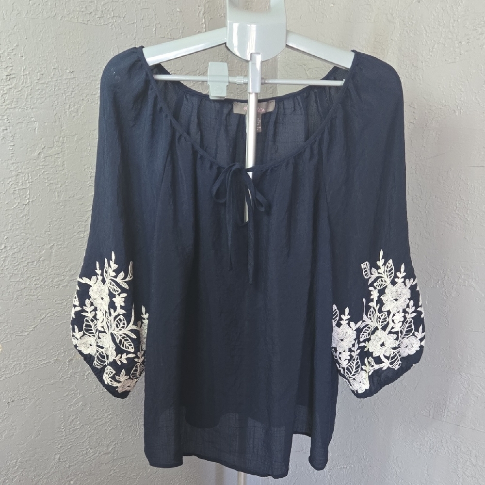 Navy Women's Blouse 2X with Floral Embroidery Hippie Cottagecore Pesant